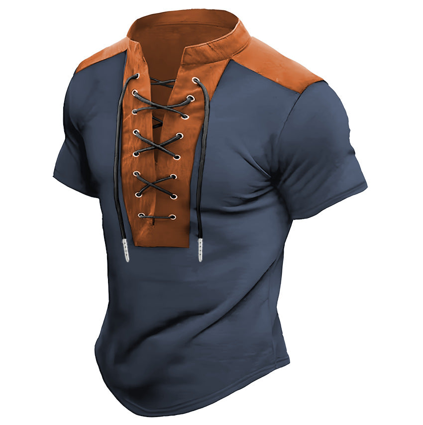 Men's Summer Short-Sleeve Ribbed-Knit Polo Shirt with Drawstring Detail,MADE IN CHINA