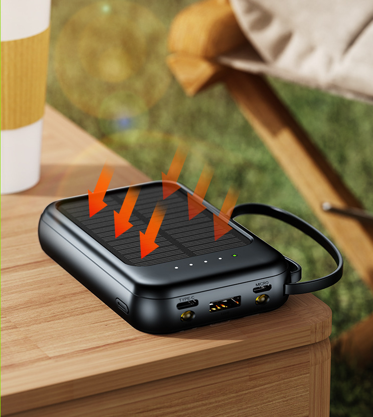 Solar Power Bank with Built-in Cable, Portable, High Capacity 20000mAh Mobile Power
