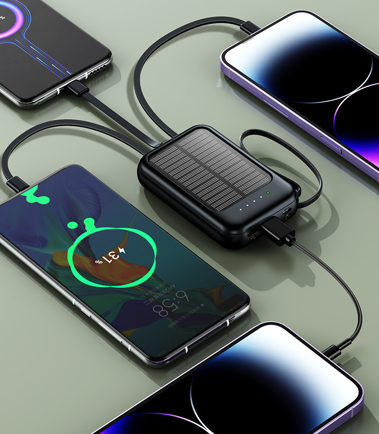 Solar Power Bank with Built-in Cable, Portable, High Capacity 20000mAh Mobile Power