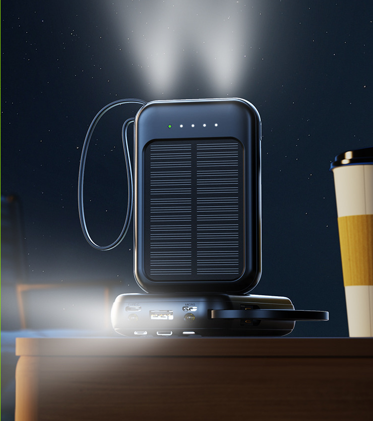 Solar Power Bank with Built-in Cable, Portable, High Capacity 20000mAh Mobile Power
