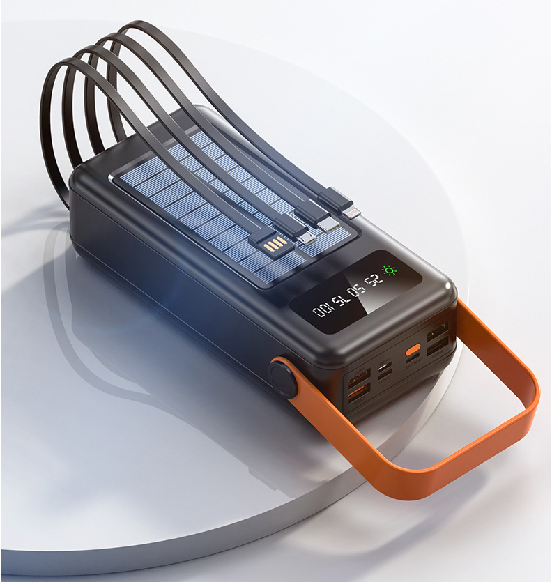 This solar-powered power bank comes with a cable and has an extremely large capacity of 50,000 mAh, making it perfect for outdoor use and portability.