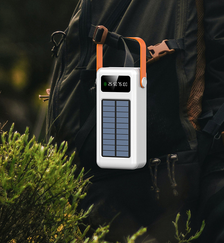 This solar-powered power bank comes with a cable and has an extremely large capacity of 50,000 mAh, making it perfect for outdoor use and portability.