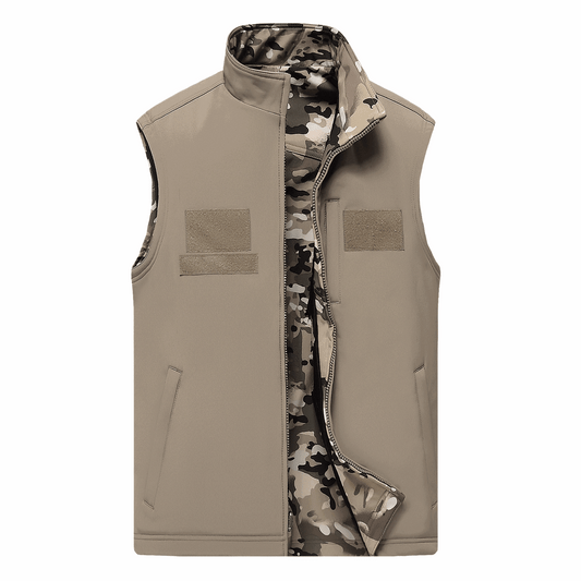 Double-sided camouflage softshell short-sleevevest, lightweight and breathable for tactical use, windproof.