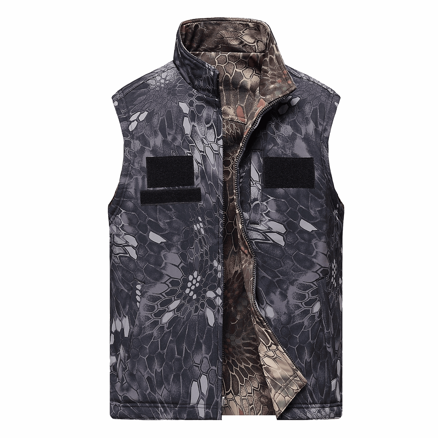 Double-sided camouflage softshell short-sleevevest, lightweight and breathable for tactical use, windproof.