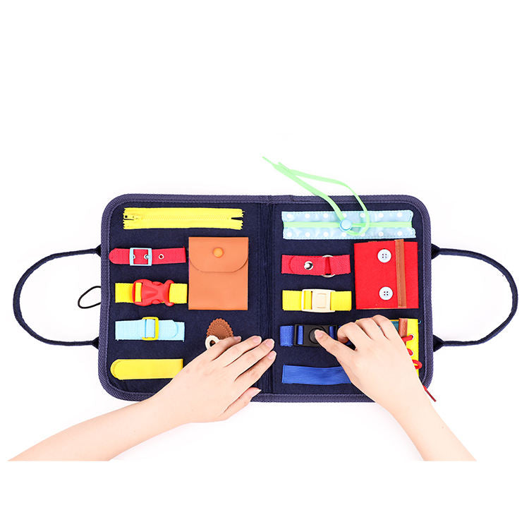 Montessori educational folding bag designed for children with autism – a sensory activity board toy.