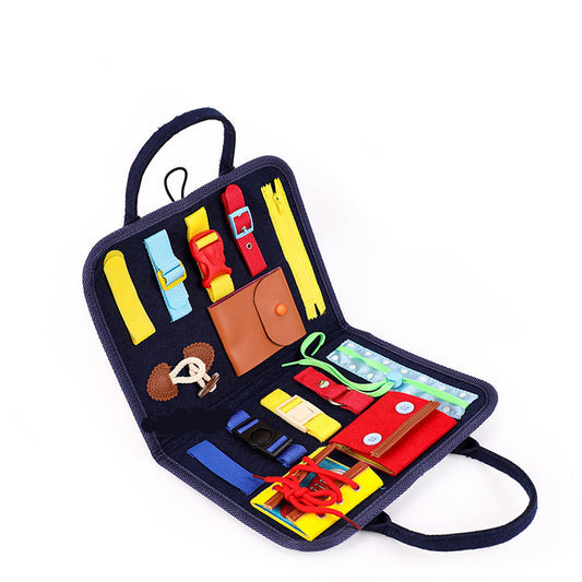 Montessori educational folding bag designed for children with autism – a sensory activity board toy.