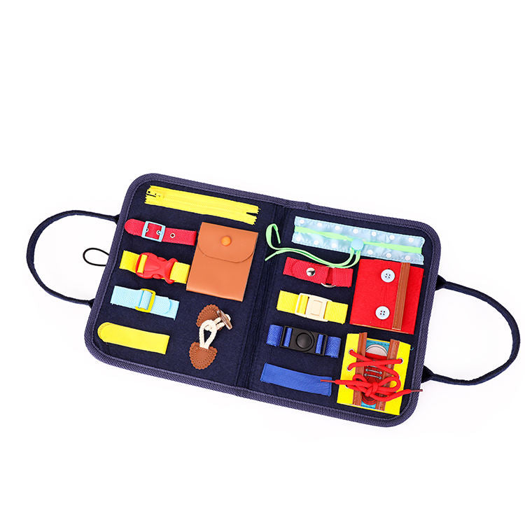Montessori educational folding bag designed for children with autism – a sensory activity board toy.
