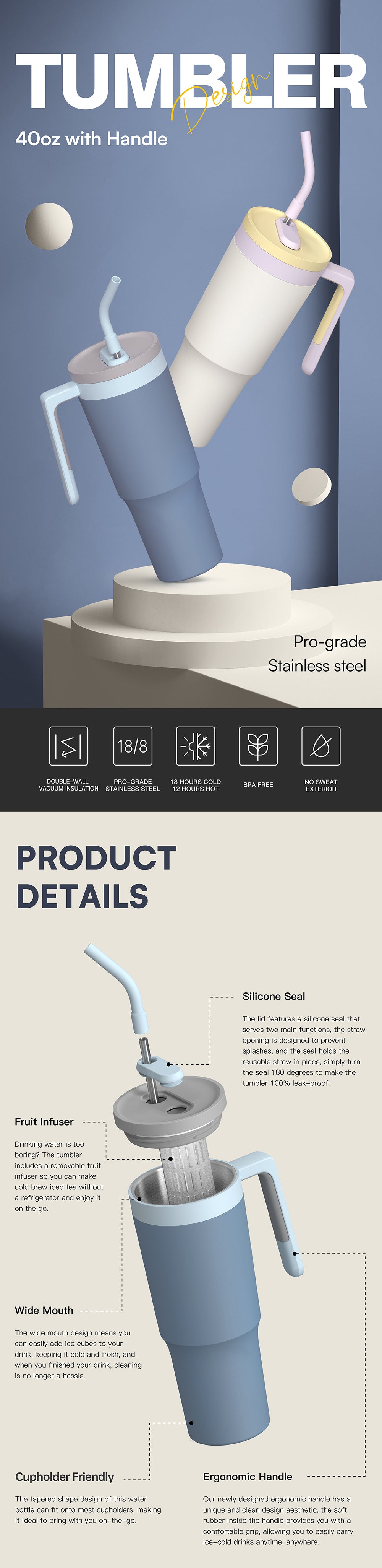 40oz Custom Tumbler with Handle and Tea Infuser - Large Capacity Travel Mug