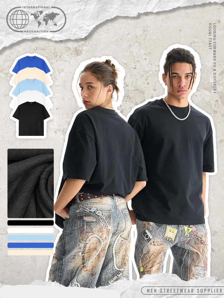 High-end boxy short-sleeve heavyweight T-shirt, streetwear brand, solid color collection, small neckline, 100% cotton，MADE IN CHINA