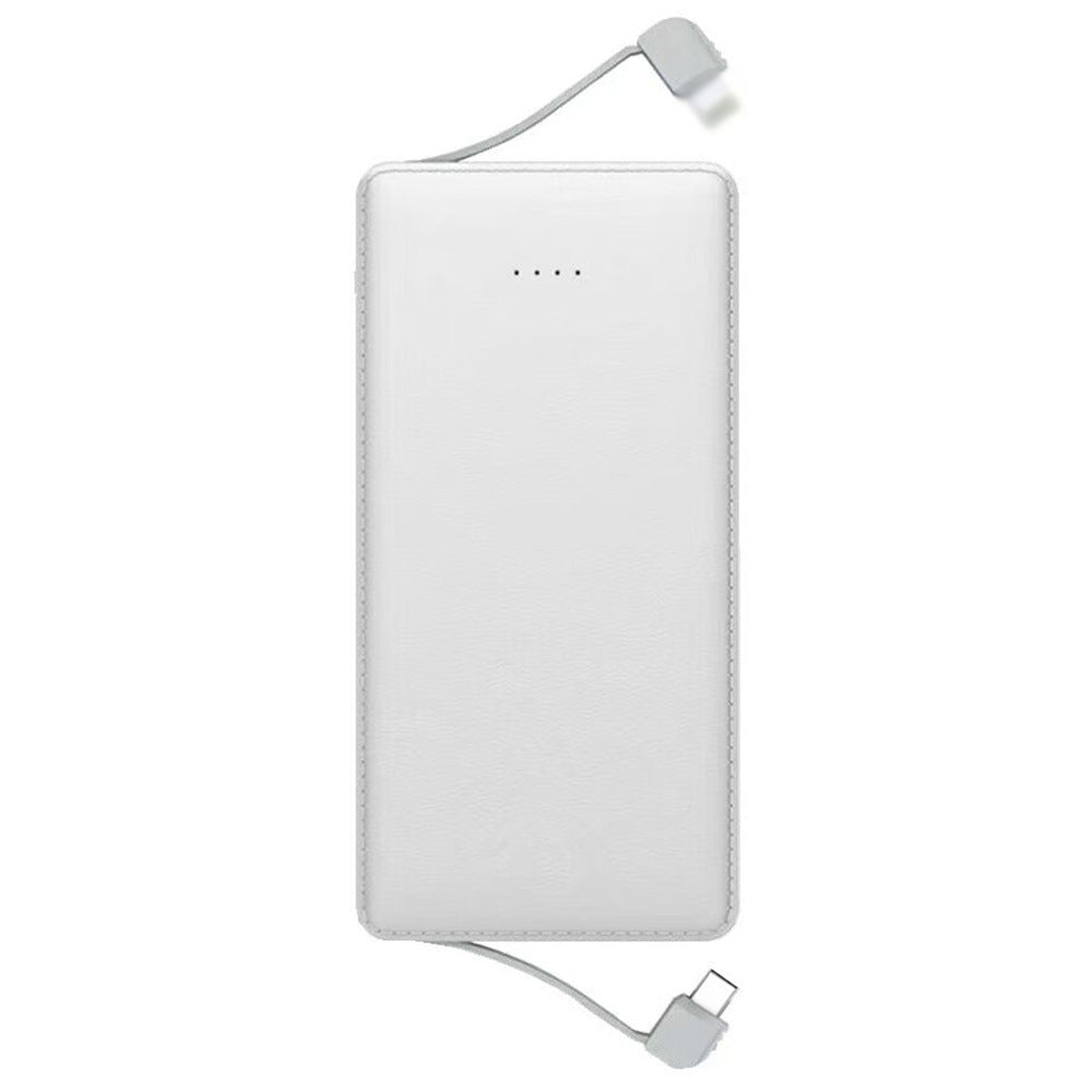 5000mAh Ultra-Thin Power Bank with Built-in Dual Cables, Leather-Grain Design, and LED Light