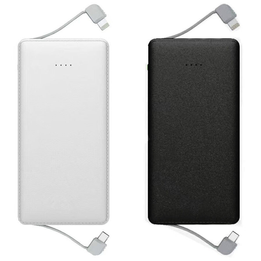 5000mAh Ultra-Thin Power Bank with Built-in Dual Cables, Leather-Grain Design, and LED Light