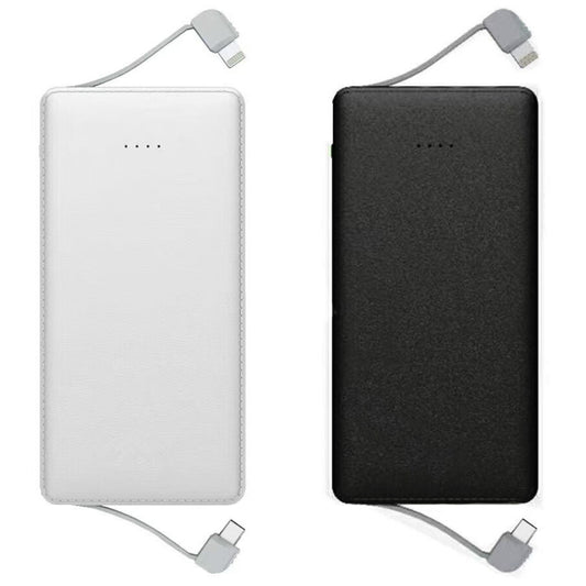 5000mAh Ultra-Thin Power Bank with Built-in Dual Cables, Leather-Grain Design, and LED Light