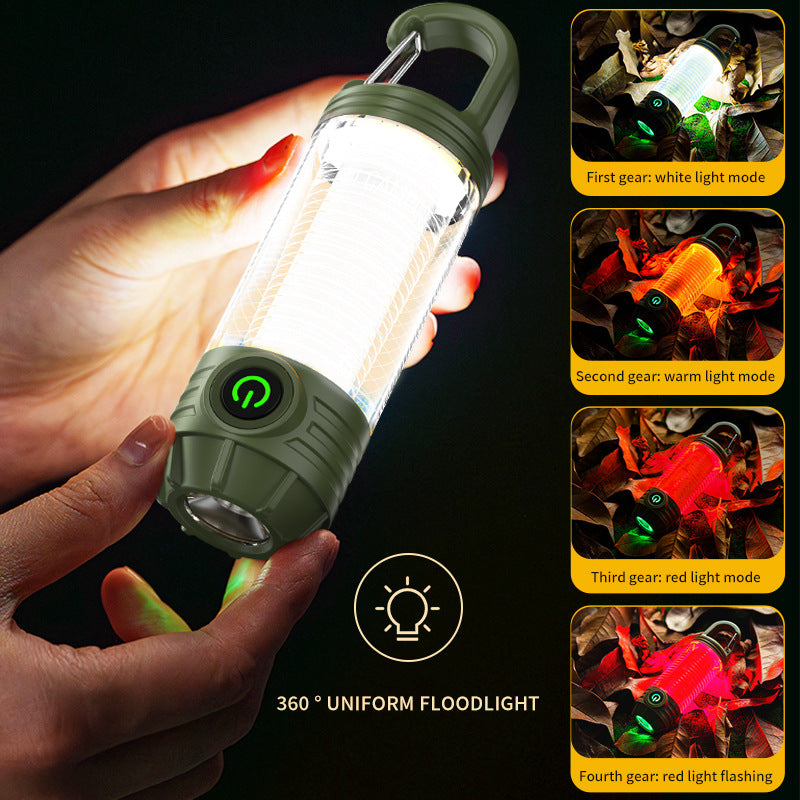 Outdoor Camping Light with Multi-Source Illumination, Portable Keychain Hook, Mini Flashlight, and Ambient Camping Lantern