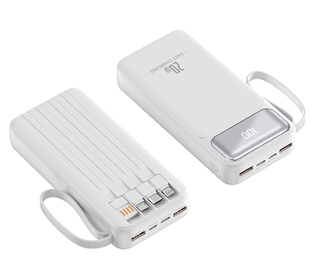 Portable 20000mAh Power Bank with Built-in Cables, Digital Display, and Lanyard