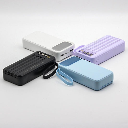 Portable 20000mAh Power Bank with Built-in Cables, Digital Display, and Lanyard